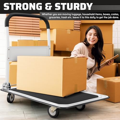 Image of Heavy Duty Foldable Push Cart Dolly | 660 lbs. Capacity | Upgraded Collapsible Hand Truck Folding Platform with Swivel Wheels | Flat Bed Moving Wagon | Space Saving Push Handle (White)