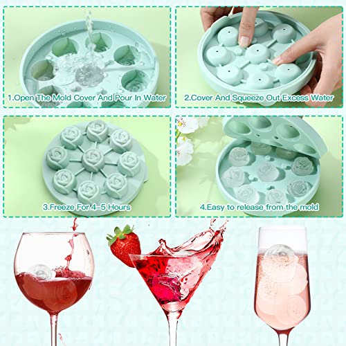 Hsei 2 Pieces 3D Rose Ice Mold 1.4 Inch Silicone Flower Ice Cube Trays Rose Silicone Mold For Freezer Whiskey Wine Cocktails Juice Bourbon Mimosas, Dishwasher Safe, Pink, Green #TOP2