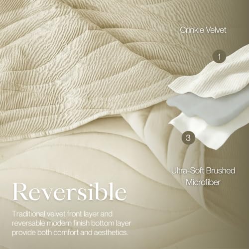 Image of DOWN HOME Crinkle Textured Velvet Quilt Set with Shams, All-Season Luxury Modern Bedding,Easy Care Comforter,Ultra-Soft,Lightweight & Breathable, Cali King, Ivory White