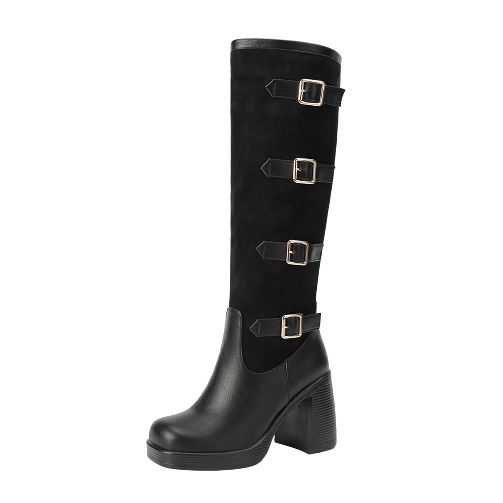 Botas de Invierno Mujer Botas de Mujer otoño e Invierno con Empalme Cuero Hebilla cinturón Color Barril Manga tacón
