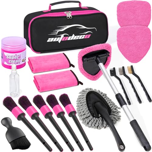 AUTODECO Windshield Cleaner Tool 17Pcs Car Interior Detailing Kit Detailing Brush Towels Duster Car Cleaning Kit Interior for RVs Truck Trailer (Pink)