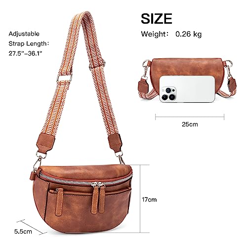 FIGESTIN Bauchtasche Damen, PU Leder Crossbody Bag Damen Breiter Gurt, Umhängetasche Damen Klein Verstellbarer Riemen Braun