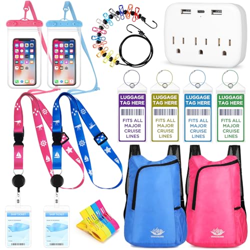 Cruise Must Haves inclui etiquetas de bagagem de cruzeiro, cordão de cruzeiro, bolsas de telefone à prova d'água, varal de viagem, mochila portátil, clipes de toalha, filtro de linha para kit