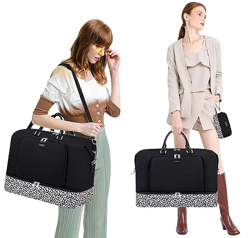 Image of Travel Weekender Bag for Women, 21 inch Overnight Bag with Shoe Compartment 50L Large Travel Duffel Bag Carry On Tote for Weekend, Overnight, Business Trips, Water Resistant, Q- Black&Leopard, Large