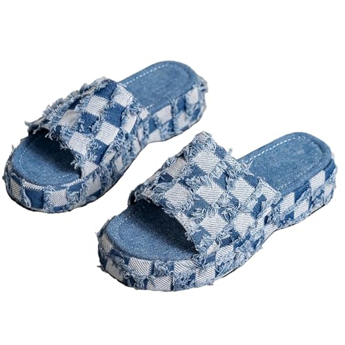 Loizziuy Checkered Denim Slip-On Slippers for Women Thick Sole Summer Slide Sandals for Beach Outdoor, Indoor, and Travel Wear