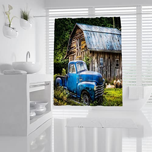 Qucena Old Truck Shower Curtain Rustic Barn Farm Animal Sheep Vintage Blue Car Tree, Farmhouse Country Scenery Fabric Bath Curtain Bathroom Decor With Hooks 70'Wx 70'H #TOP1
