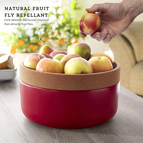 Image of Ceramic and Cork Large Breathable Produce Bowl with Lid to Naturally Extends Produce Freshness, Natural Cork and Red Ceramic