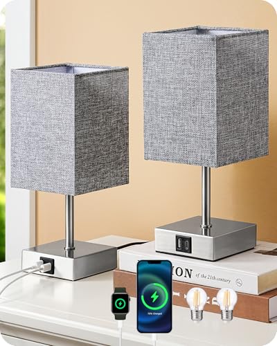 EDISHINE Bedside Lamps Set of 2 3 Way Dimmable Table Lamp with USB A+C Charging Ports Touch Lamps for Bedroom Living Room Grey (LED Bulbs Included)