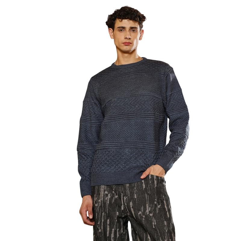 cahoot Men's Sweater | Round Neck, Ribbed Cuff Sleeves, Pull On Closure, Ribbed-Straight Hem | Solid Knitted Jacquard for Casual & Daily | Prussian Blue-picture-38