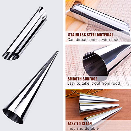 SelfTek Cannoli Tubes Set 2 Styles Cylinder and Cone Stainless Steel Cream Horn Forms for Croissant Shell Cream Roll with Cream Icing Piping Nozzle Tip and Cleaning Brush - Thumbnail 4