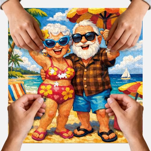 Rompecabezas de 1024 piezas para adultos, pareja mayor en vacaciones en la playa | Pintura al óleo caprichosa, rompecabezas imposible para la familia, regalo de decoración para jubilación feliz para abuelos, 23.86 x 23.86 pulgadas miniatura 4