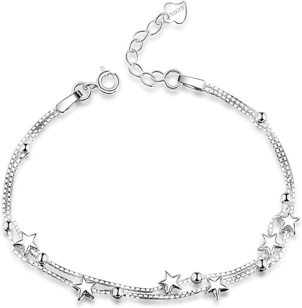 Elegant Mini Stars Beaded Charm Bracelet 925 Sterling Silver Box Chain Layered Bracelet,Adjustable Friendship Link Bracelet Jewelry for Women
