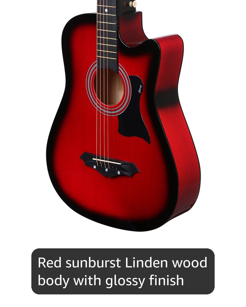 Juarez Acoustic Lindenwood Guitar, 38 Inches Cutaway With Pick Guard, JRZ38C/RDS With Bag, Strings, Pick And Strap, Red Sunburst