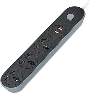 مشترك كهربائي بقدرة 2500 وات، مزود بـ 2 منفذ USB و1منفذ نوع سي، مزود بـ 3 منافذ تشغيل، وشحن تلقائي بحد أقصى 10 امبير، مع حماية من زيادة الحمل ومانع للتيار المفاجئ، مناسب للاستخدام المنزلي، M-6009