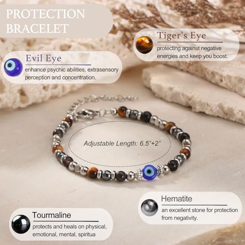 Image of Triple Threat Protection Anxiety Relief Gifts for Women,Natural Healing Crystal Bracelet Evil Eye Jewelry for Her Friends