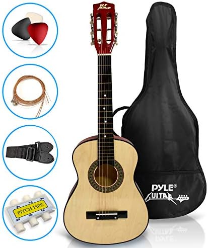 Pyle Beginner 30” Classical Acoustic Guitar - 6 String Linden Wood Traditional Style Guitar w/ Wood Fretboard, Case Bag, Nylon Strap, Tuner, 3 Picks - Great for Beginner, Children Use - Pyle PGAKT30