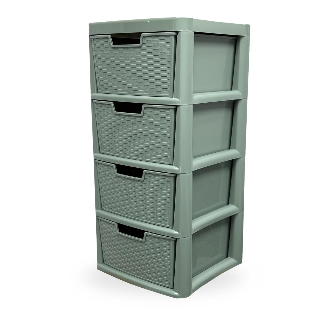 KYY'Z Large Drawer Storage Unit Tower Rattan Effect Large Organizer Chest Tower Unit Cabinet Trolley Home Bedroom Kitchen Office School Garage 39 (D) x 39 (W) x 62 (H) cm (Sage Green, 4 Tier)