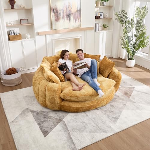 Image of 81 inch Round Sofa Bed Big Bean Bag Round Chaise Lounge Oversized Round Couch Boneless Reading Chair Plush Fluffy Chenille Large Chaise Chair for Living Room, Bedroom, Apartment, Yellow