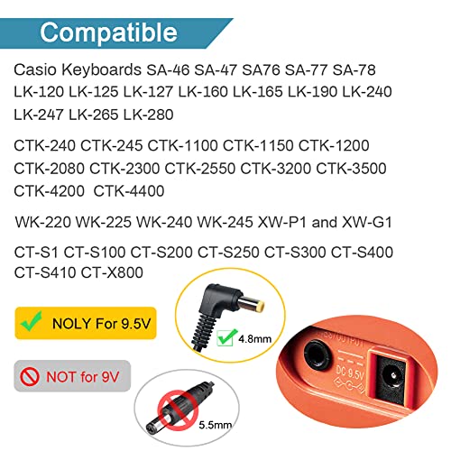 9.5V Ac/Dc Adapter For Casio Ade95100Lu - Ul Listed Power Supply Charger For Casio Piano Keyboard - Only Compatible For Listed Models (8.4 Ft Long Cord) #TOP1