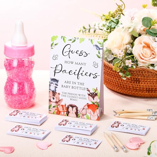 Image of Roowest 512 Pcs Baby Shower Games Guess How Many Pacifiers Sign 100 Small Guessing Games 10 HB Pencils 750ml Milk Bottle 400 Acrylic Pacifiers Decoration for Guest Gender Reveal(Vivid,Woodland)