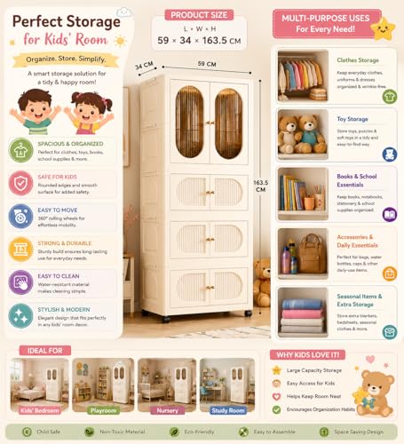 Image of Mevigo 4-Door Plastic Wardrobe for Kids| Almirah and Wardrobe for Baby Clothes| Modular Storage Cabinet with Wheel Organizer for Cupboard Rack for Clothes /Shoes /Books /Toy -White-DL1624