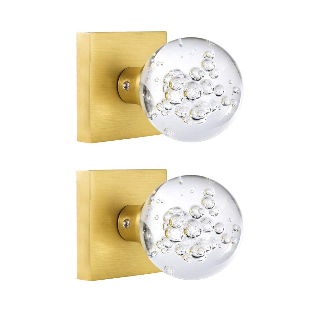 HIEMEY 2 Pcs Glass Dummy Door Knobs Interior, Gold Crystal Half-Dummy Door Knobs for Hall and Closet, Satin Brass, Clear Bubble Ball Round, BS-029