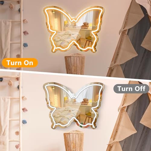 Image of Butterfly Neon Sign Mirror, LED Neon Signs for Wall Decor, 15.7'' x 12'' Dimmable Neon Light for Teen Girls & Kids Birthday Party Gift, Neon Sign for Girl Room Decor, Wall Mirror, USB Powered (Warm White)