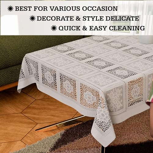 Image of Kuber Industries Center Table Cover | 40x60 Inch | Net Table Cloth 4 Seater | Kitchen Tea Tabletop Cloth | Table Cover for Hall, Home Decor| Square Flower-Cream