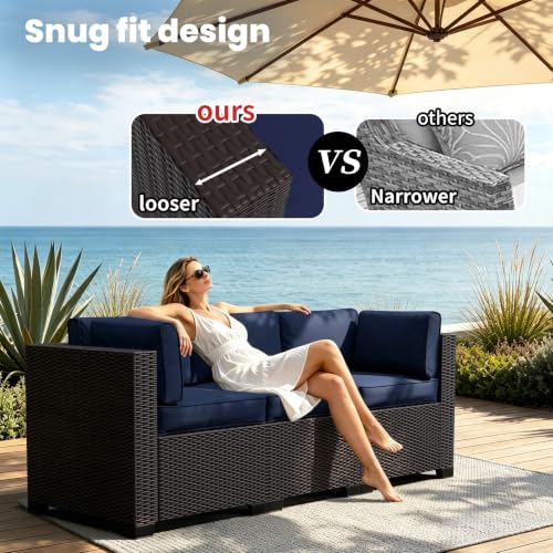 Image of 7 Piece Patio Furniture Set, Wicker Patio Conversation Sets, Outdoor Sectional Furniture with Tempered Glass Table, for Backyard, Deck, Garden, Dark Brown Rattan & Navy Blue Cushions