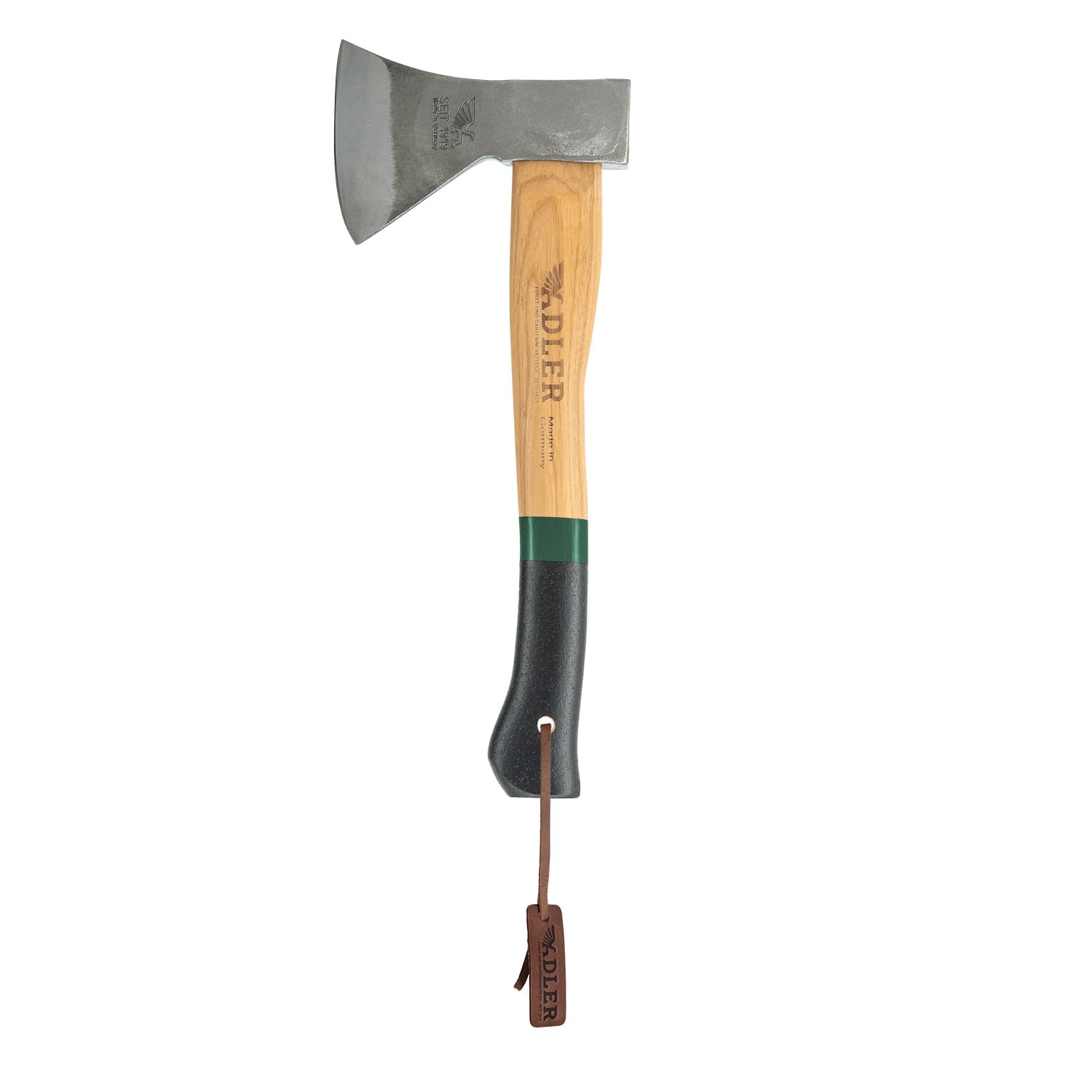 ADLER Beil Geschenkset Rheinlandbeil Schleifstein Balsam Echtholzbox Grün | Geschmiedetes C60-Beil mit Lederschutz als hochwertiges Geschenk Made in Germany