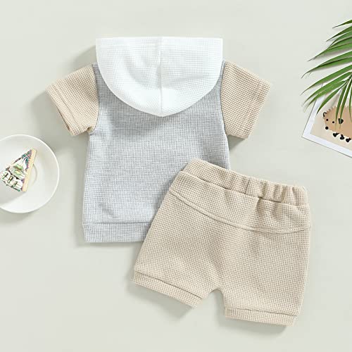 Baby Boy Clothes Summer Short Sleeve/Sleeveless Hoodie T-Shirt Tops Casual Shorts Set Toddler Boy 2Pcs Outfits (A-Grey Khaki Waffle Knit, 0-6 Months) #TOP6
