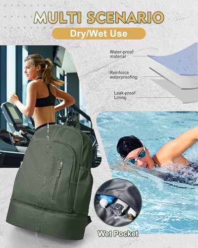 Image of Gym Backpack for Women Men, Lightweight Gym Bag with Shoe Compartment, Waterproof Sports Backpack with Wet Pocket, Green