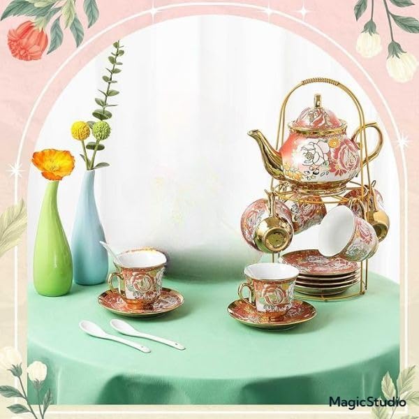 Image of DEEDECORWAVE Premium Ceramic Tea Set of 13 PCS Teapot (800ML) with 6 Cups (180ML Each), 6 Saucers & Holder Stand Elegant Gift for Tea Lovers Ideal for Home, Office & Parties (Dark Pink)