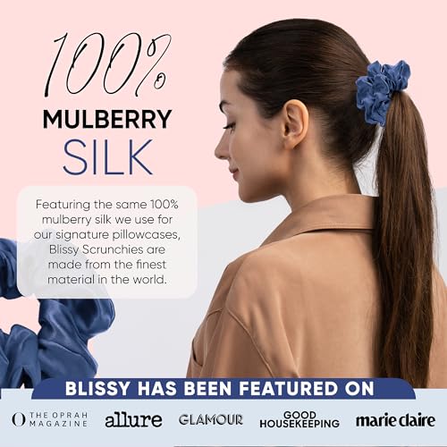 Image of Blissy Silk Scrunchies (3 Pack) - 100% Pure Mulberry Silk - 22 Momme 6A High-Grade Fibers Scrunchie for Straight & Curly Hair - Preventing Breakage, Tangling, & Creasing (Blue Skinny)