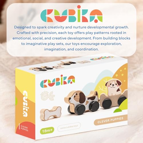 Image of Cubika Wooden Clever Puppies Train Toy - Magnetic Dog-Themed Wood Toy Playset for Toddlers 18 Months+ - Montessori Toy for Fine Motor Skills and Imaginative Play