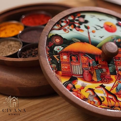 Image of Wooden Spice box for kitchen with spoon, Mango wood box with 7 Steel containers | Masala box for kitchen | Masala Dani | Best Gift (Red Masala Box)