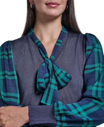 Image of Tommy Hilfiger Women's Long Sleeve Twofer Sweater with Woven Sleeves