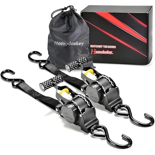 KAPEICamper Retractable Ratchet Straps 1 in x 10 ft Secure Tie-Downs with Rubber-Coated Handles & S-Hooks For Moving Motorcycle Bike Cargo Breaking Strength 1 500Lbs (Round wheel T-handle black)