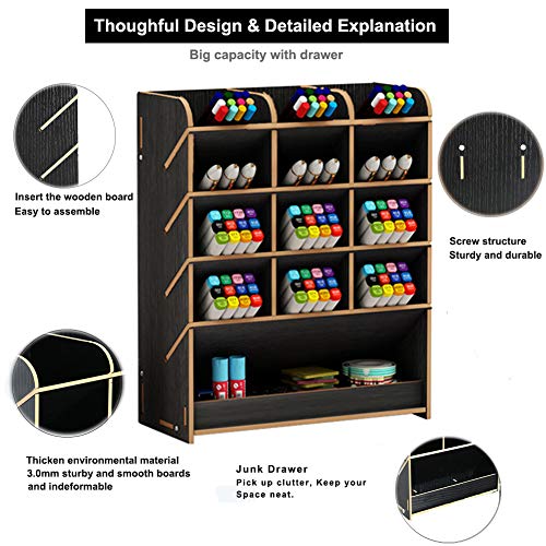 Image of Marbrasse Wooden Desk Organizer, Multi-Functional DIY Pen Holder Box, Desktop Stationary, Home Office Supply Storage Rack with Drawer (B12-Black)