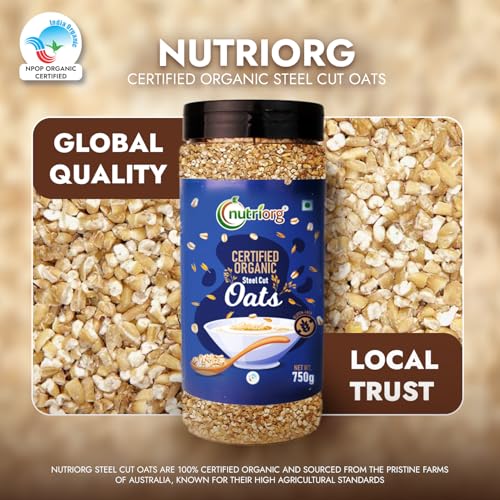 Image of Nutriorg Certified Organic Raw Steel cut Oats 1500g (Pack of 2 * 750g) | Gluten Free | For Weight Loss | Fiber Rich