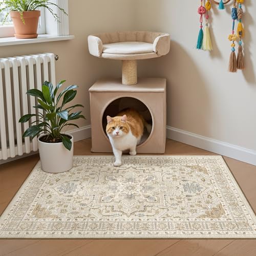 Madane Washable Area Rug 2x3, Small Entryway Rug Non-Slip Vintage Door Mat Indoor Entrance, Low Pile Floor Carpet for Inside Front Door Bedroom Kitchen Entry Laundry (2'x3', Beige/Blue)
