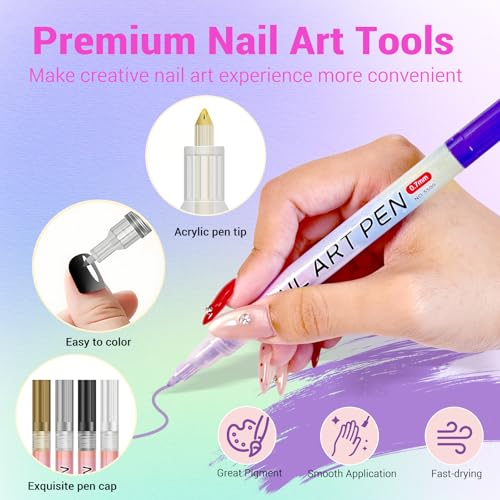 Image of 12 Color Nail Art Pens, 3D 0.7 MM Nail Polish Pens Set Drawing Painting Point Liner Acrylic Painted Pen Kit, Waterproof and Quick-drying Nail for DIY Nails Art Design Manicure Tools