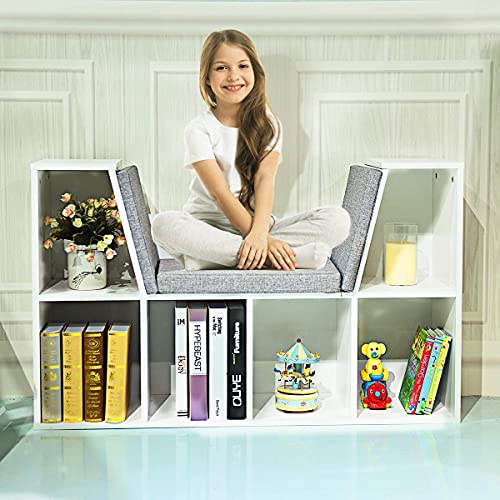 Costzon 6-Cubby Kids Bookcase W/Cushioned Reading Nook, Multi Purpose Storage Organizer Cabinet Shelf With Soft Cushion And Thick Wood Board For Children Girls & Boys Bedroom Decor Room (Modern White) #TOP5