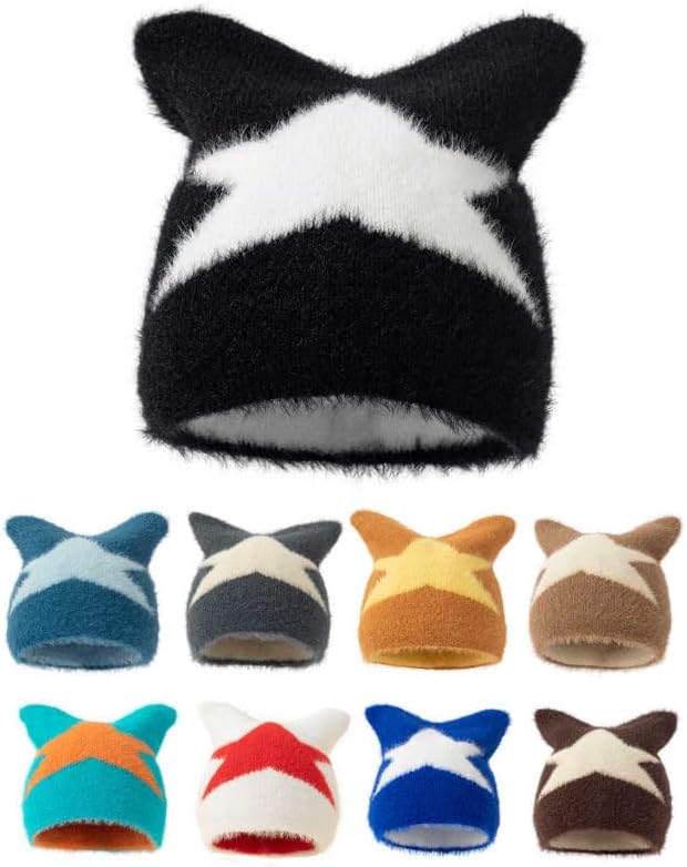 Cute Beanies for Women Fluffy Fuzzy Hats Kawaii Cat Ear Hat Winter Warm Knitted Hat Y2k Grunge Accessories - Image 6