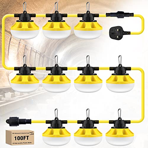 FungLam LED Work Light 100FT, 100W Security Lights, 10000K Outdoor String Work Light Temporary Lighting, IP66 Waterproof LED Security Lighting, 10000lm for Construction Sites, Docks, Tunnel