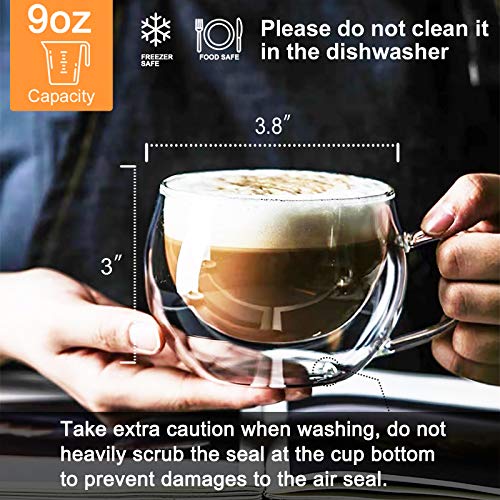 DeeCoo Double Wall Cappuccino Glass Mugs 8.5oz, Clear Coffee Mug Set of 4 Espresso Mug Cups,Double Wall Insulated Glass Mug with Handles (Latte Glasses,Tea)