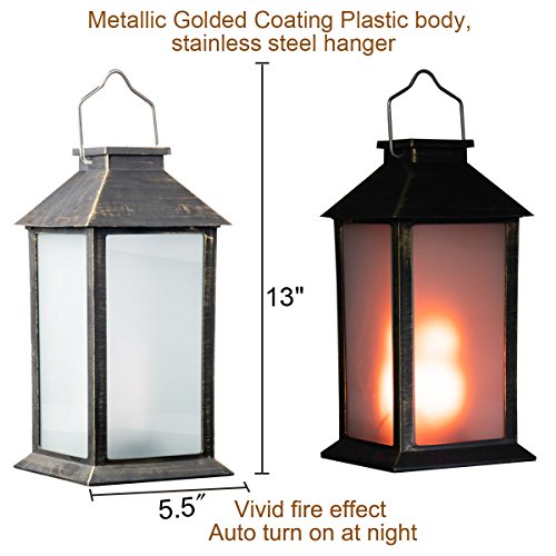 13" Vintage Style Solar Powered Flame Effect (Metallic Coating Black,Plastic),Garden Light Vivid Fire Effect,Outdoor Solar Hanging Lantern,Decorative Candle Lanterns Zkee (Set Of 2) #TOP1