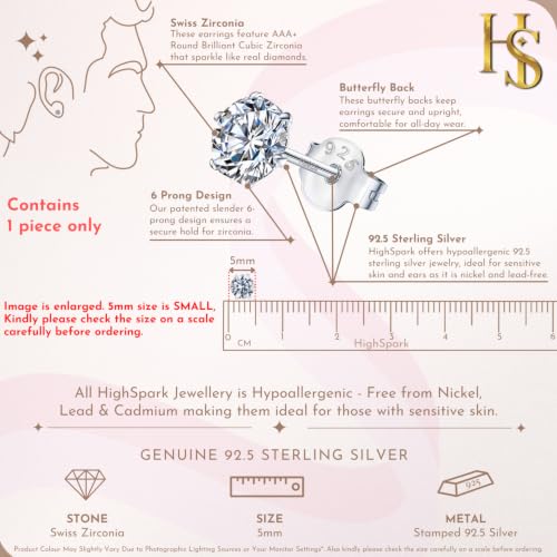 Image of HIGHSPARK 925 Silver Solitaire Stud Earring | 92.5 Sterling Silver & Diamond Like Brilliance Zirconia Top | Single Stud for Men | 5mm