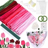 MKLG 385 Stück Pfeifenreiniger Blumen Set, Pfeifenputzer Blumen Zum Basteln, Mit Grüne Blumenstöcke, Klebebandrollen, Klebestifte, Anleitungen, Blumenstraußverpackungen, Bänder, Staubgefäße etc