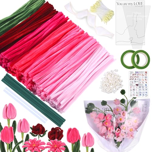MKLG 385 Stück Pfeifenreiniger Blumen Set Pfeifenputzer Blumen Zum Basteln Mit Grüne Blumenstöcke Klebebandrollen Klebestifte Anleitungen Blumenstraußverpackungen Bänder Staubgefäße etc